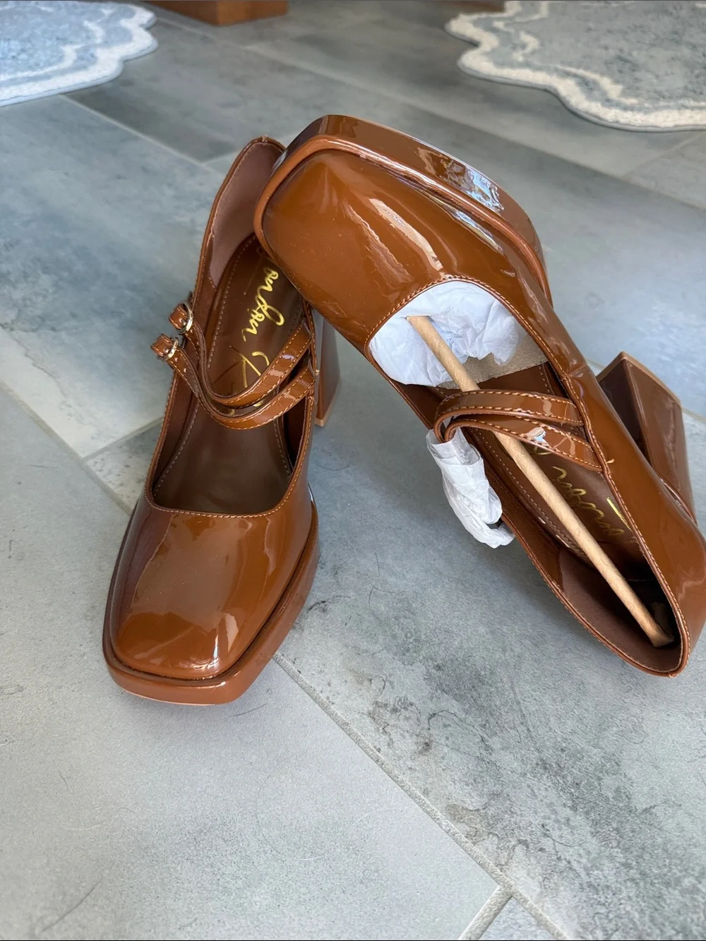 Patent Mary Jane Block Heel Pumps - Brown